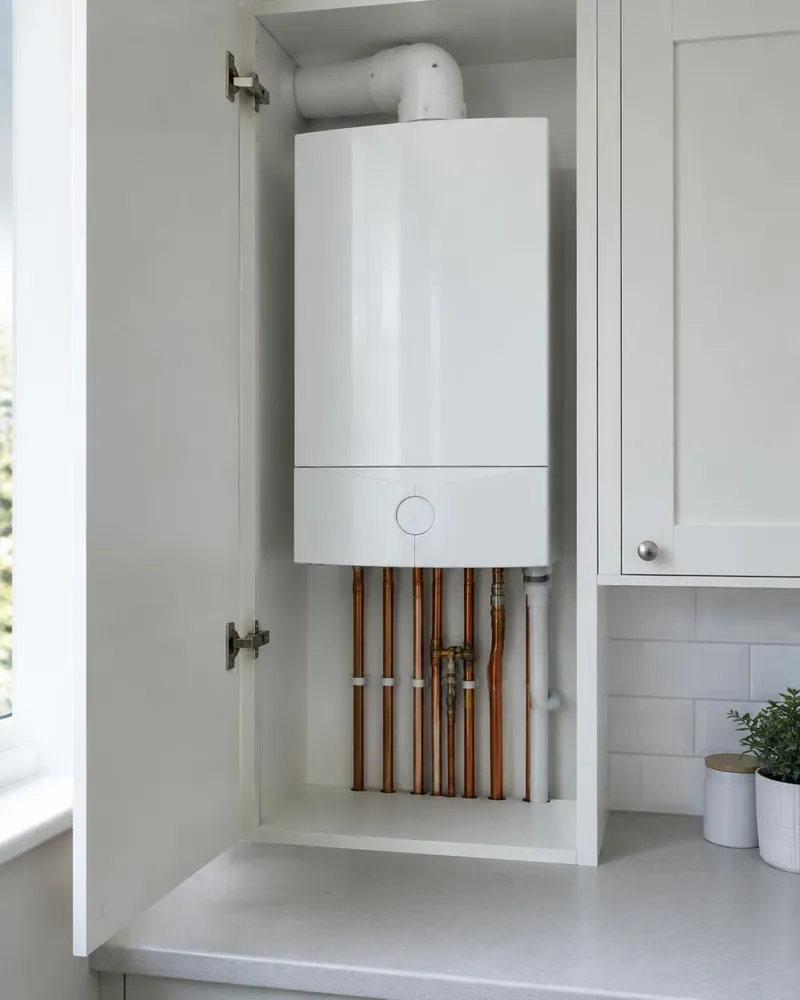 A new white combi boiler neatly installed in a kitchen cupboard
