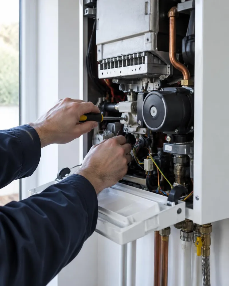 An engineer's hands servicing an open wall-mounted gas boiler