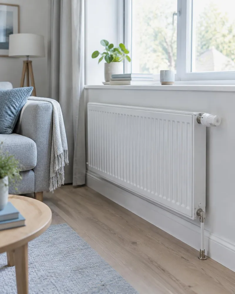 A white radiator with a thermostatic valve in a bright living room