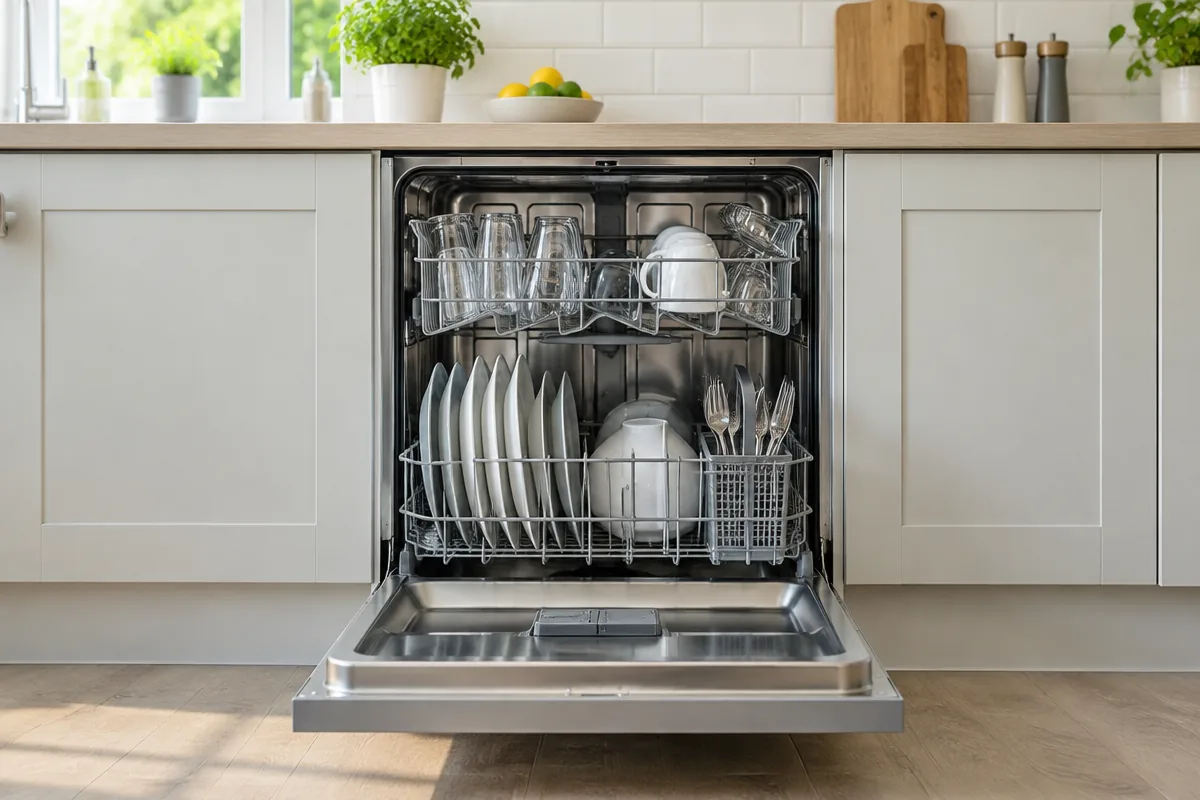An open built-in dishwasher with plates and glasses