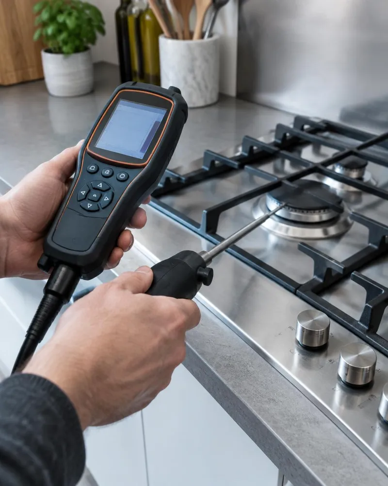 A flue gas analyser being used next to a gas hob